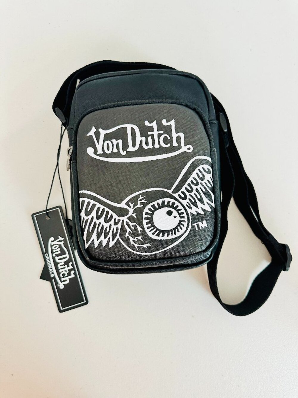 VON DUTCH SIGNATURE LOGO PRINT BLACK FAUX LEATHER CROSSBODY MESSENGER BAG UNISEX